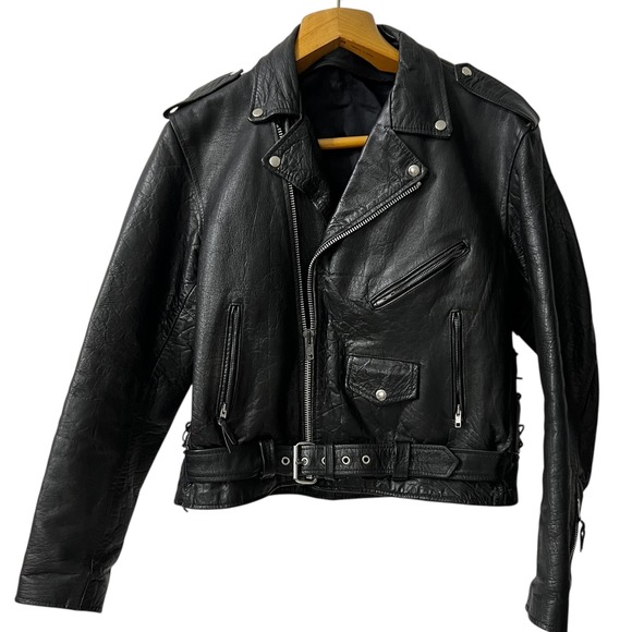 Other - Mens Black Full Grain Leather Motorcycle Jacket Lace Up Sides Belt Size L